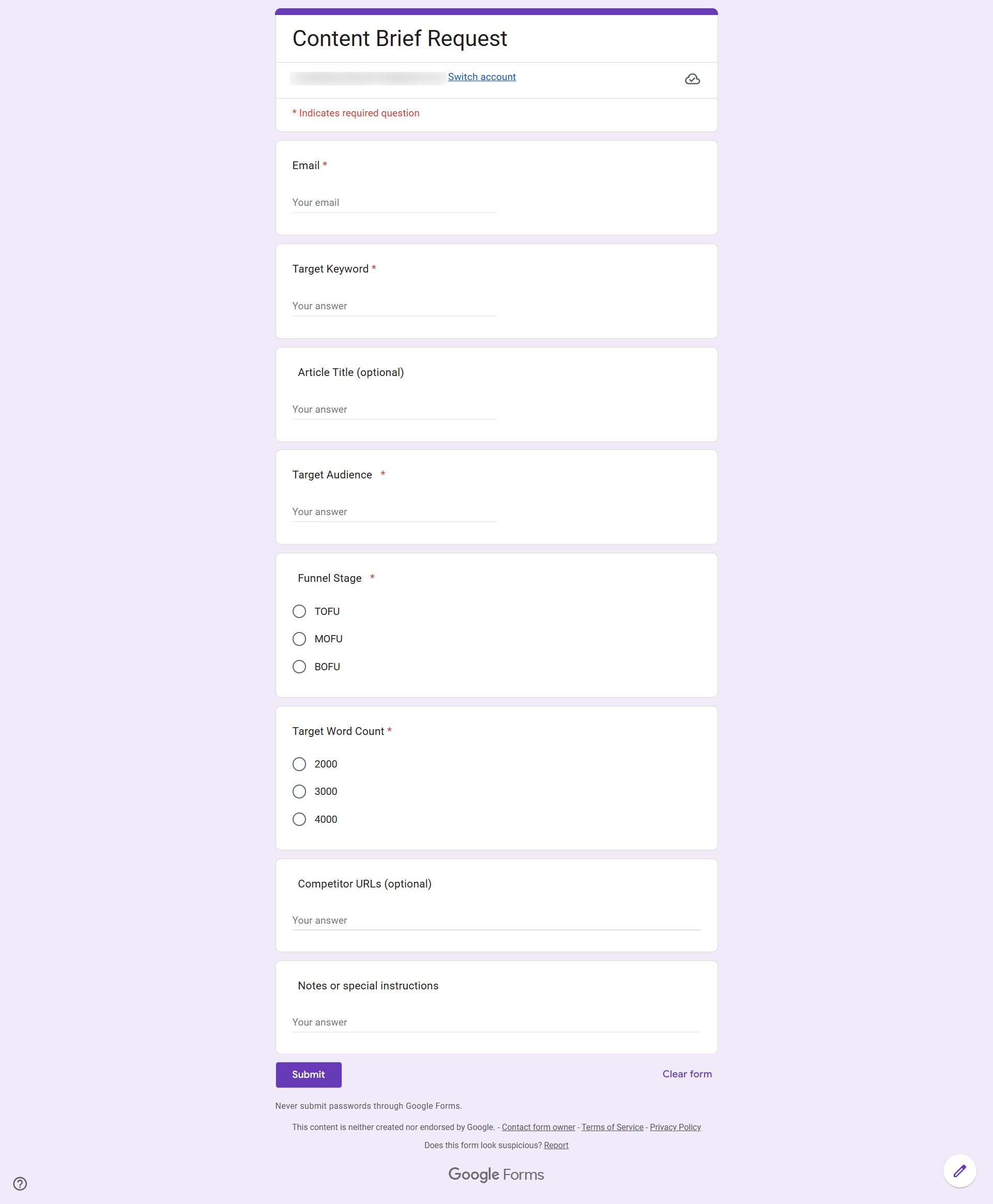 Google Forms input interface