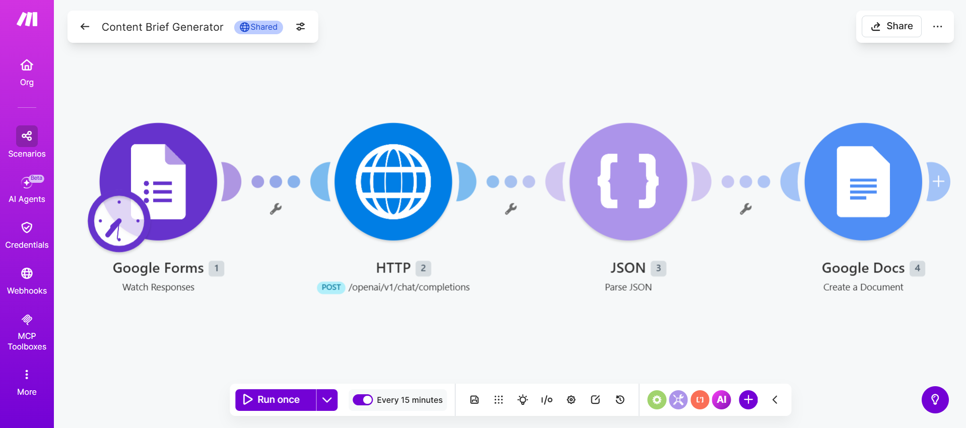 Make.com scenario in edit mode with configuration settings